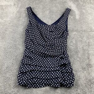 EXPRESS Ruching Sleeveless Top Womens XS Heart Polka Dot White Print‎ Navy Blue